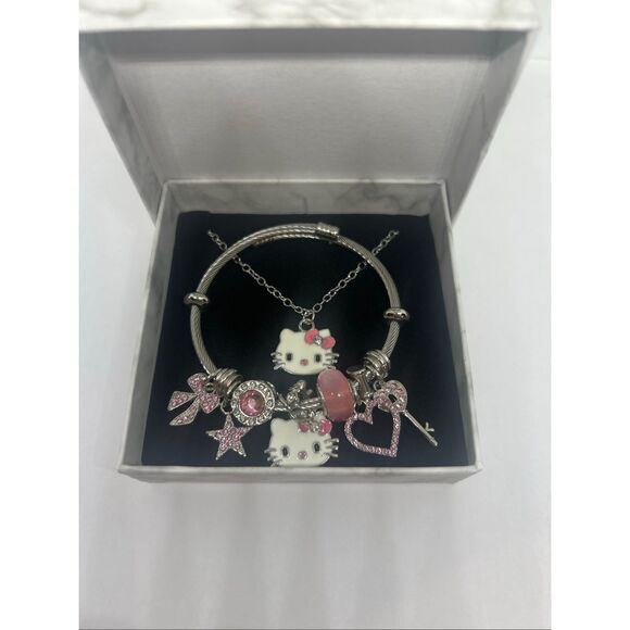 🎀 Hello Kitty Pink Charm Bracelet And Necklace – Silver Tone – Rhinestones & Be - Picture 1 of 1